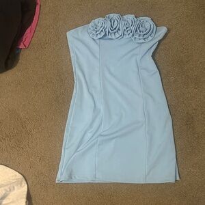 Light Blue Strapless Dress with Floral Detail